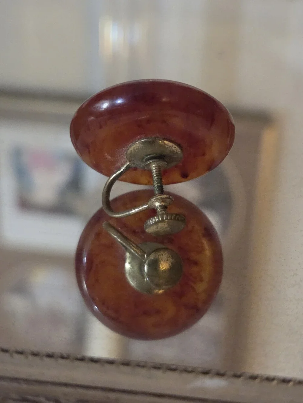 Vintage Root Beer Swirl Bakelite Clip On Earrings